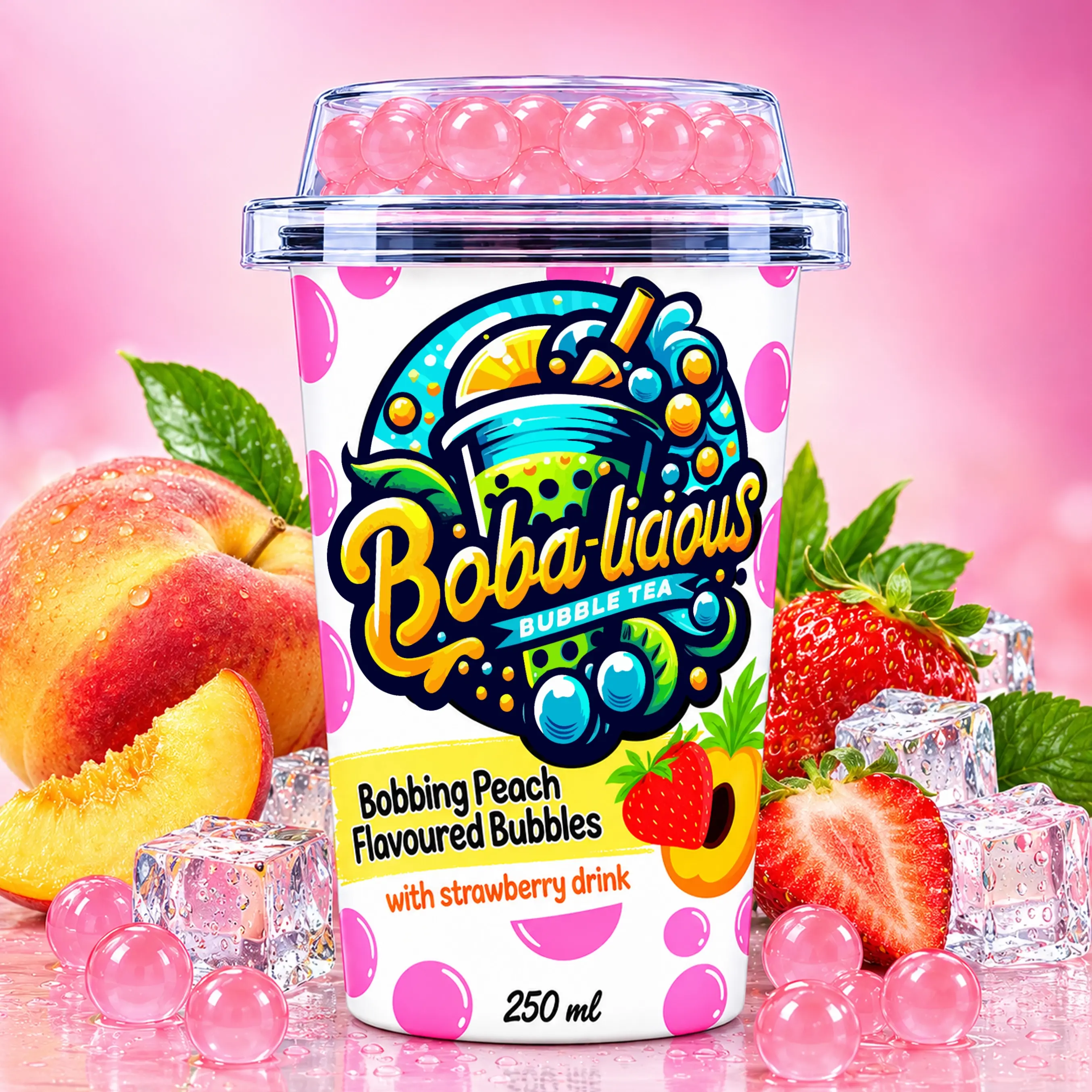 Boba-licious 250 ml peach flavoured popping boba cup with strawberry drink, peaches, strawberries and ice.